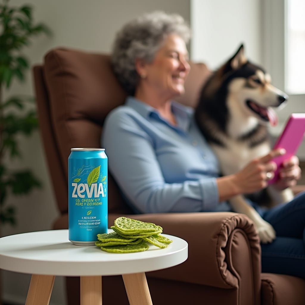 Zeke, my dog, seaweed and Zevia my favorite snacks, on Nite Cafe while sitting in my favorite chair