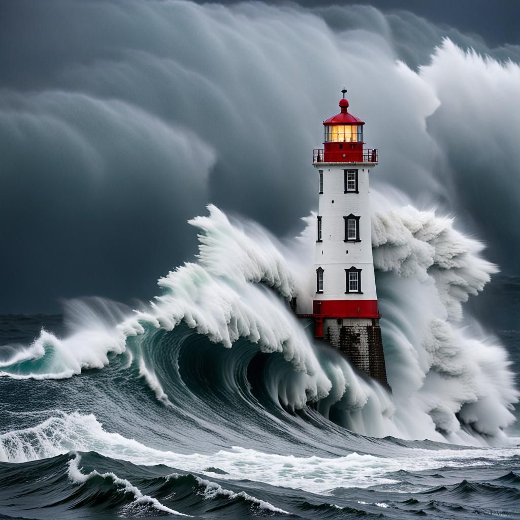 Lighthouse Against Enormous Waves: Nature's Power