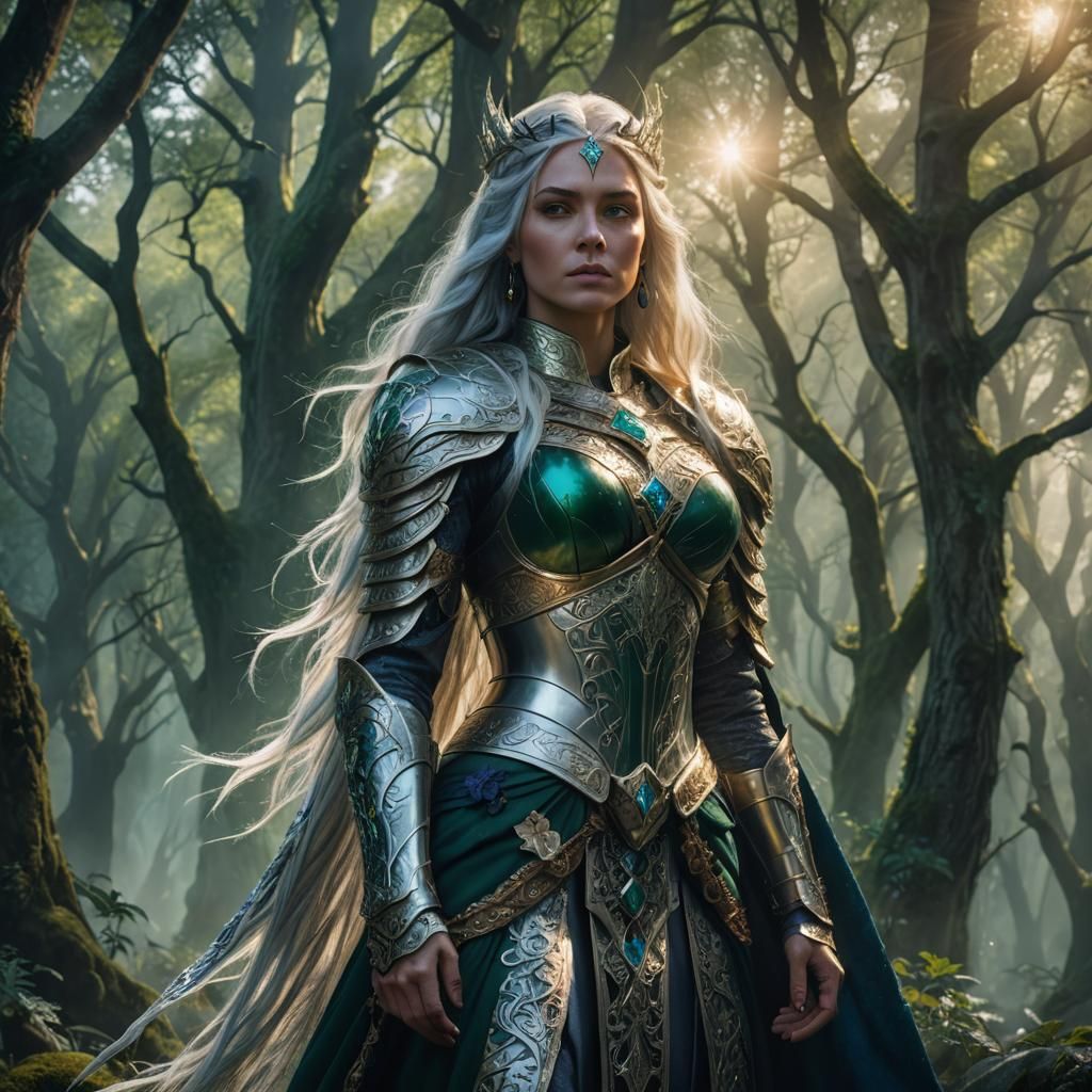 Regal Warrior Queen in Mystical Forest: Epic Fantasy Art