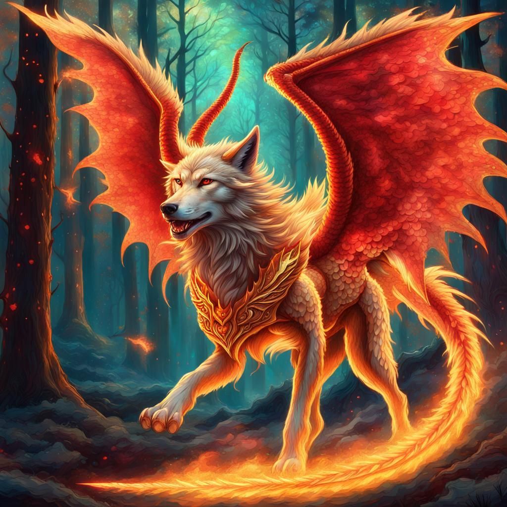 Dragon Wolf Running Through Burning Forest