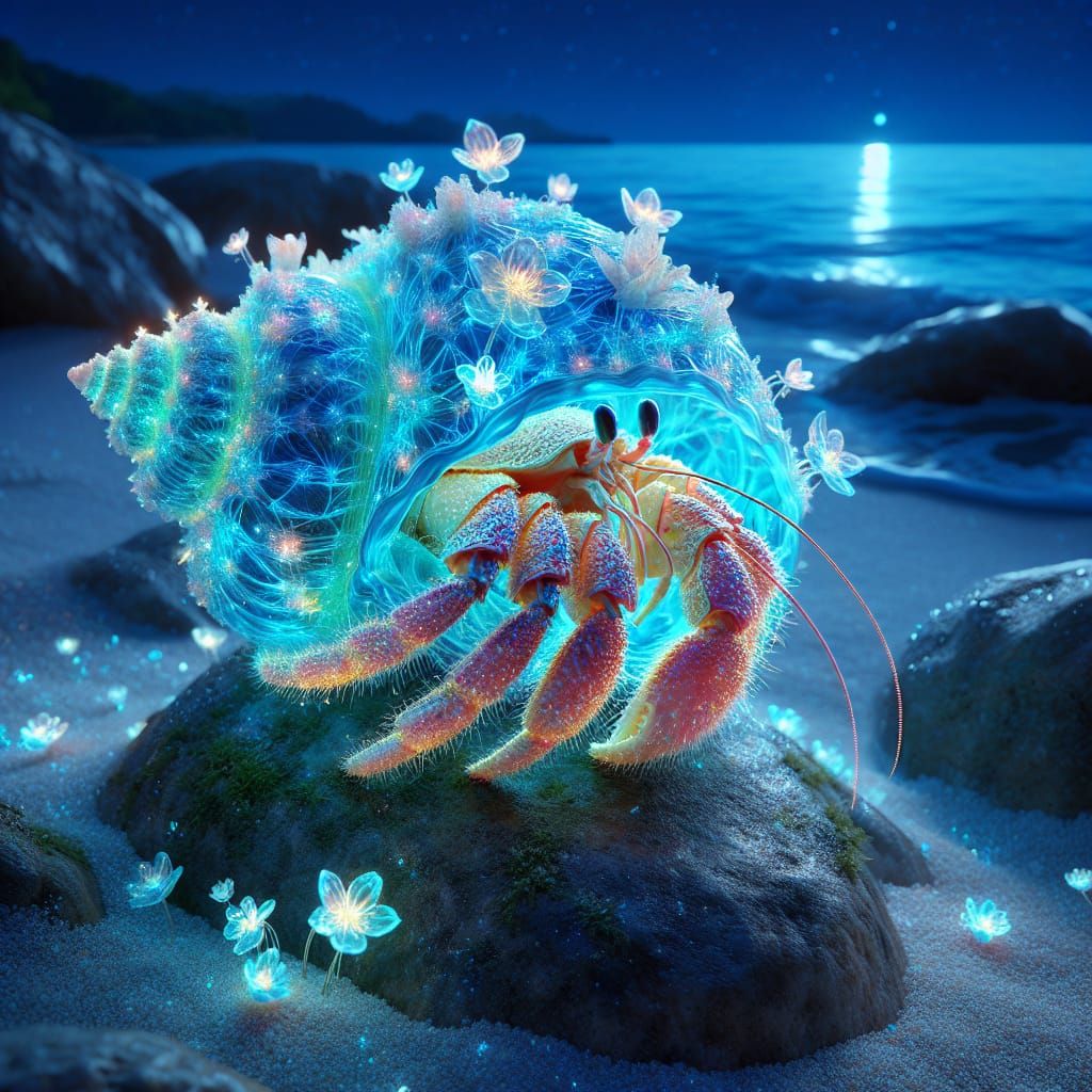Bioluminescent Hermit Crab on Night Beach