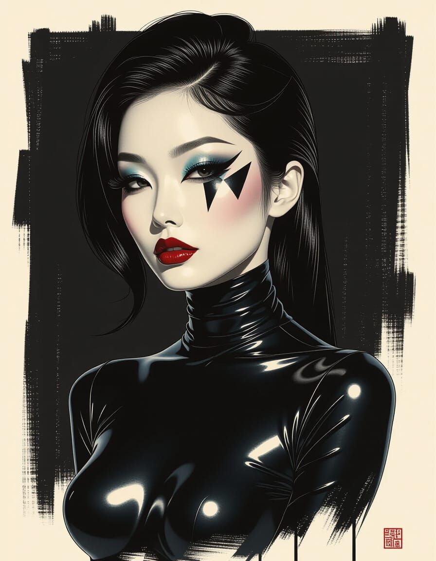 Woman with Geometric Makeup in Impasto Acrylic Style