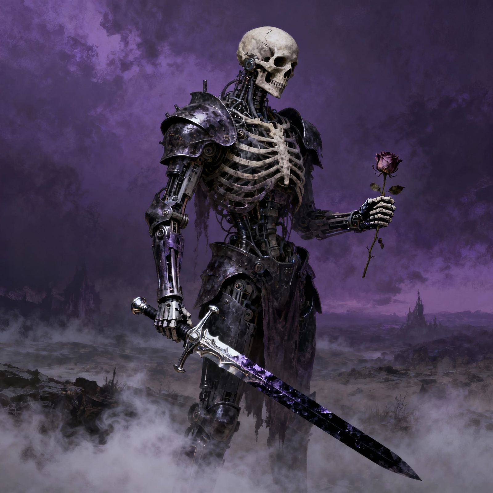 Skeletal Knight with Biomechanical Enhancements in Mist