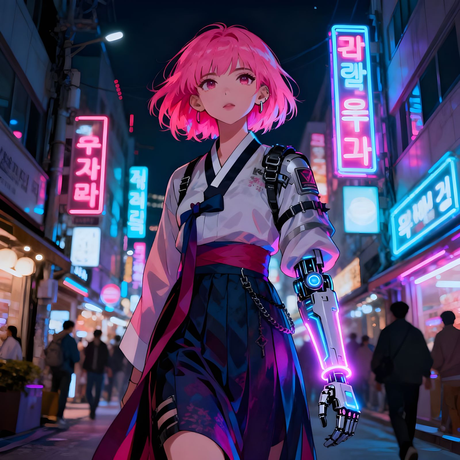 Cyberpunk Korean Woman with Glowing Cybernetic Arm