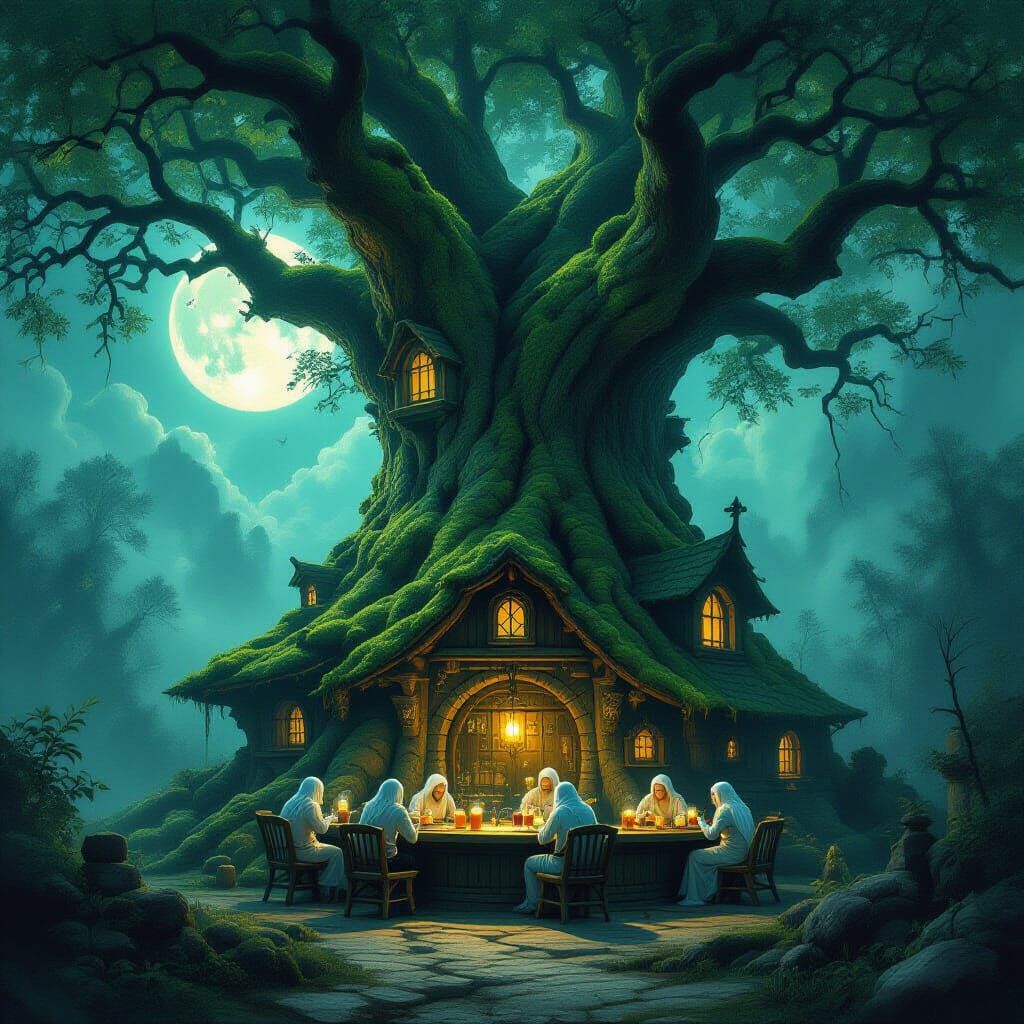 Ancient Tree Tavern Bathed in Ethereal Moonlight