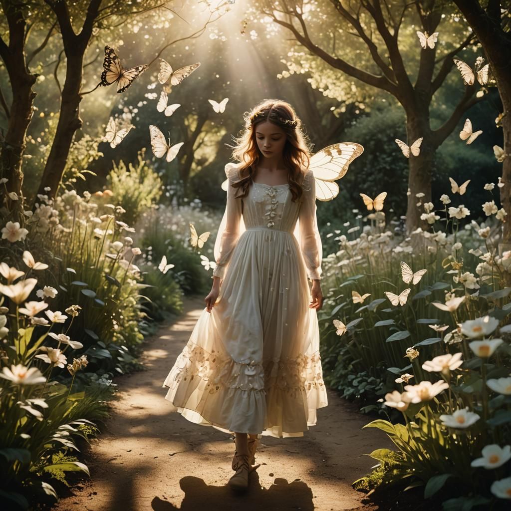 Butterfly Girl in Garden, Arthur Rackham Style