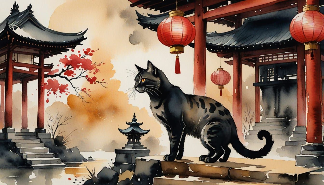Mysterious Feline in Sumi-e Temple