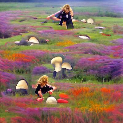 Girl Cares for Mushrooms in Fantasy Meadow