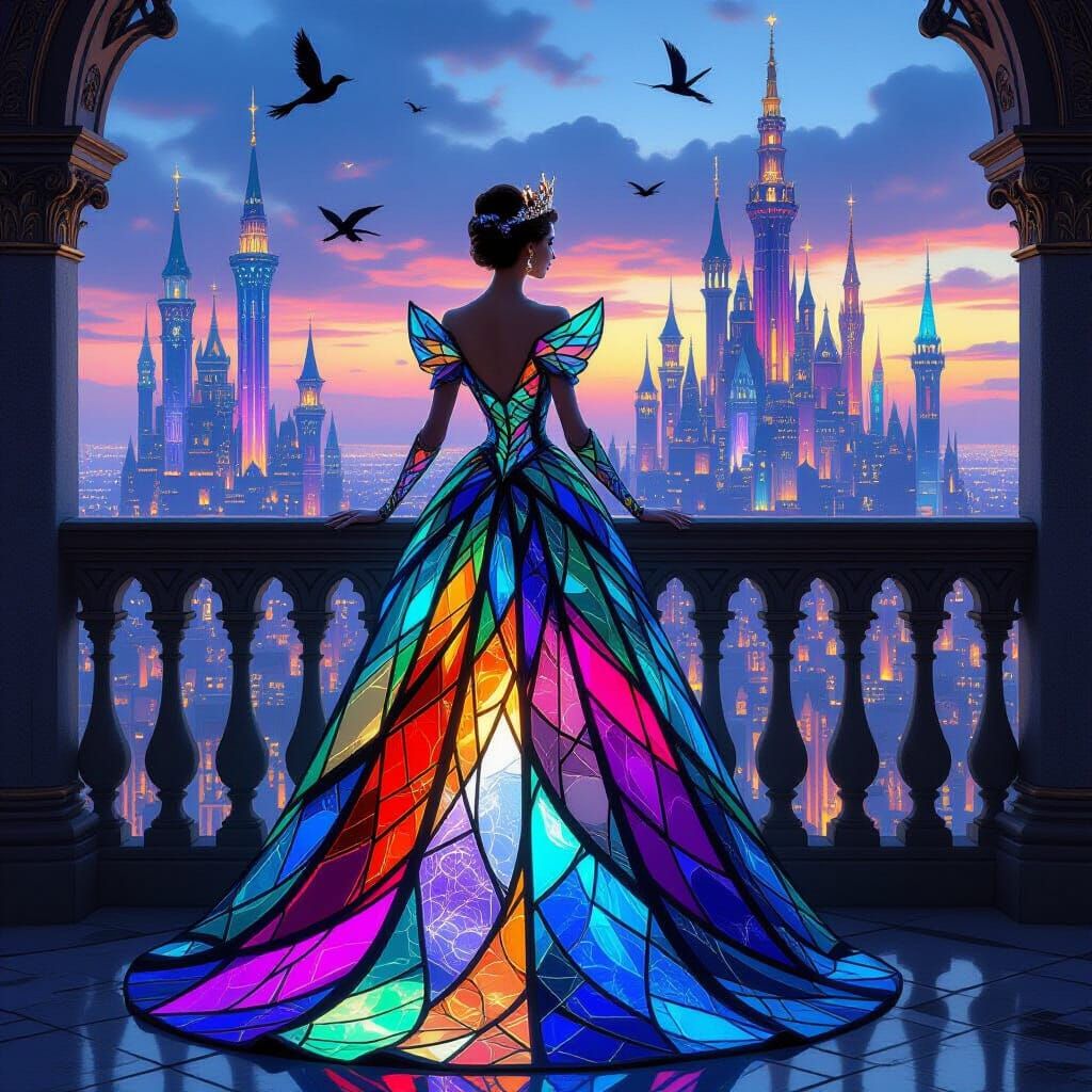 Queen in Glass Gown Overlooking Fantasy City