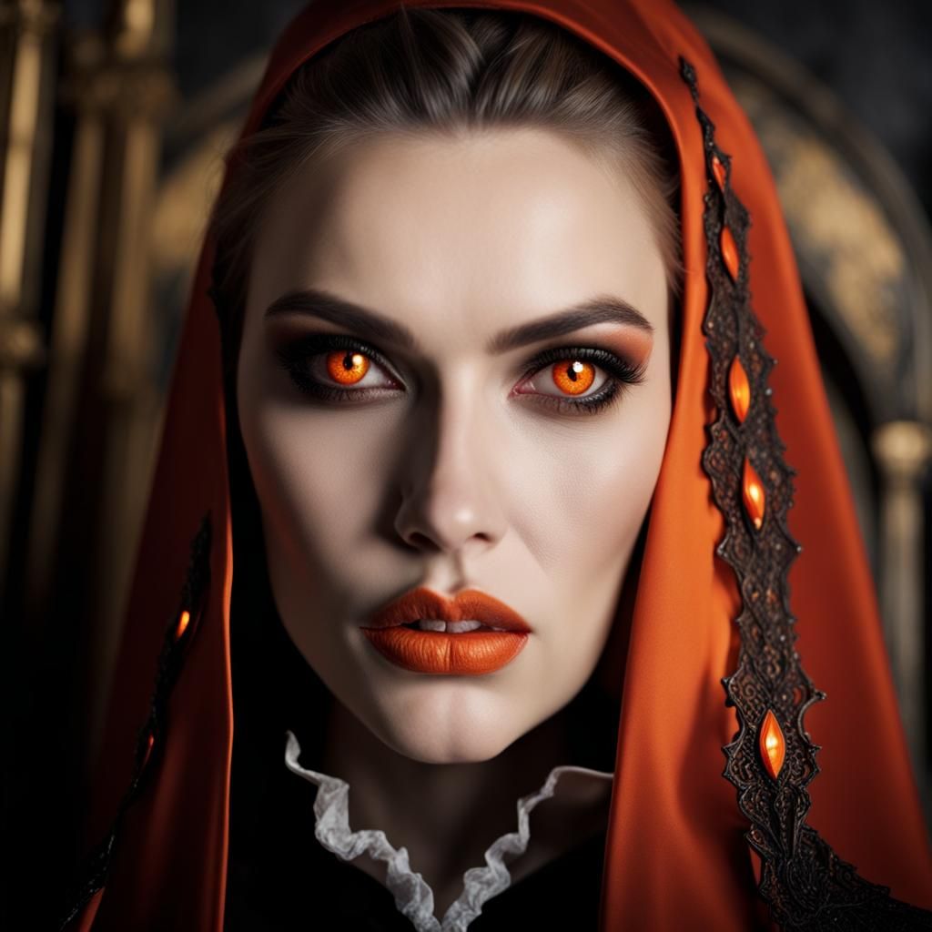 vampire women, orange eyes , sharp theets fangs,  in a castl...