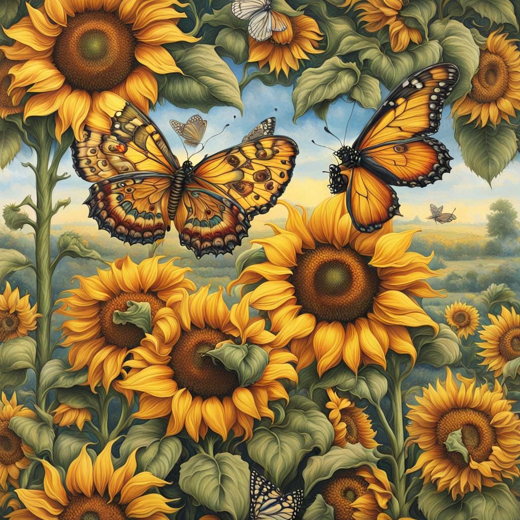 Butterfly with Tattoo Art in Sunflower Field