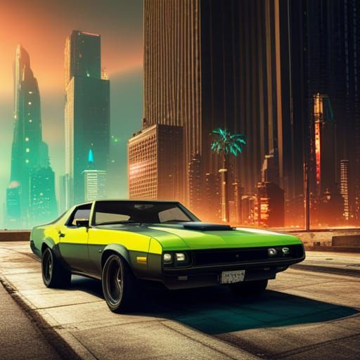 Cyberpunk Muscle Car in Neon Cityscape