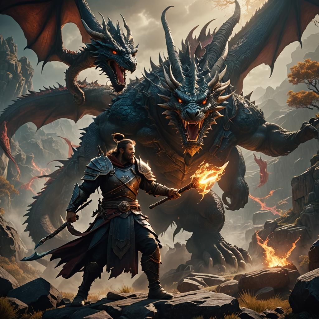 Warrior Battles Dragon in Mystical Realm