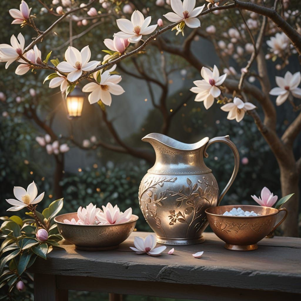 Moonlit Garden Still Life in Watercolor Style