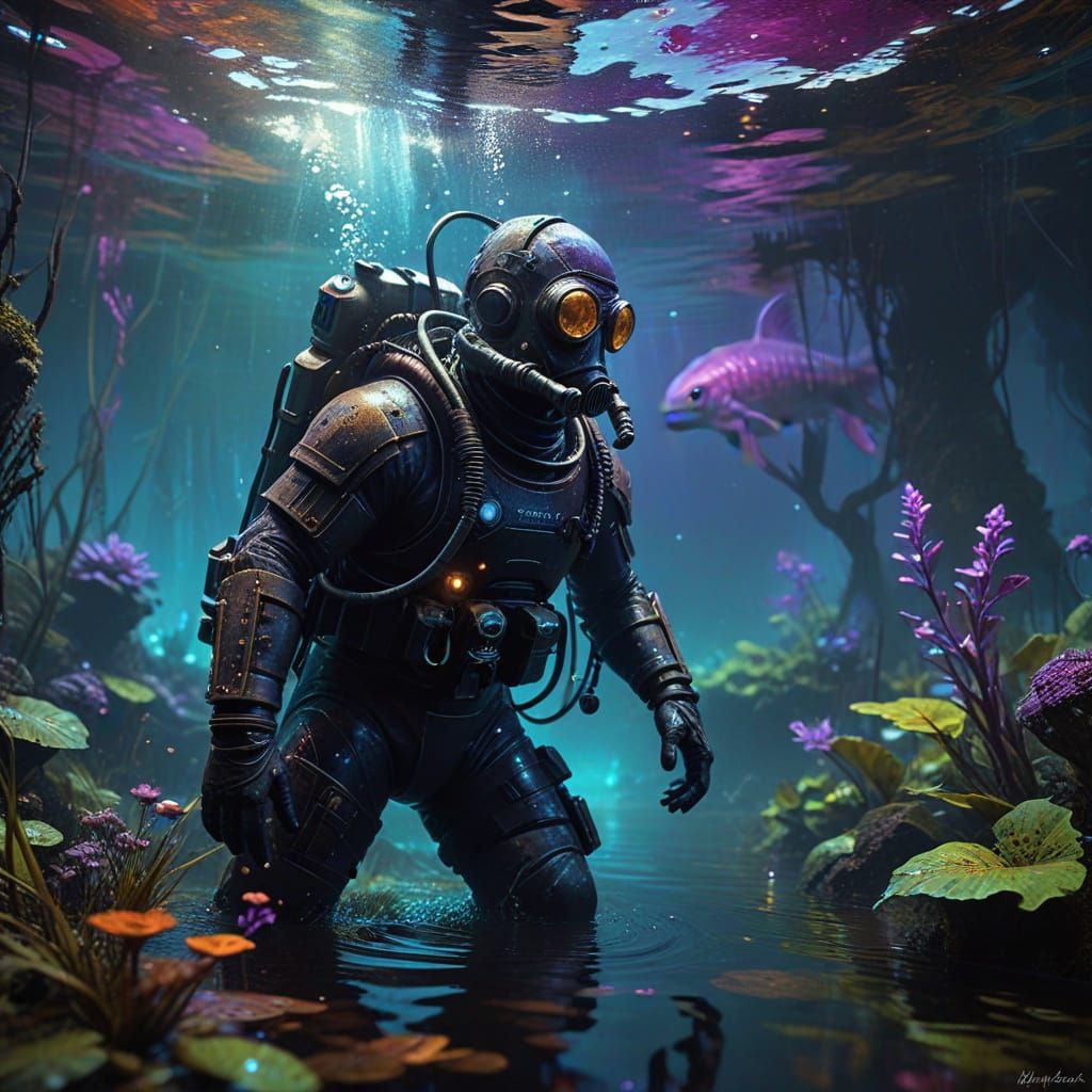 Surreal Aetherpunk Diver Discovers Haunted Lake's Glowing Aq...