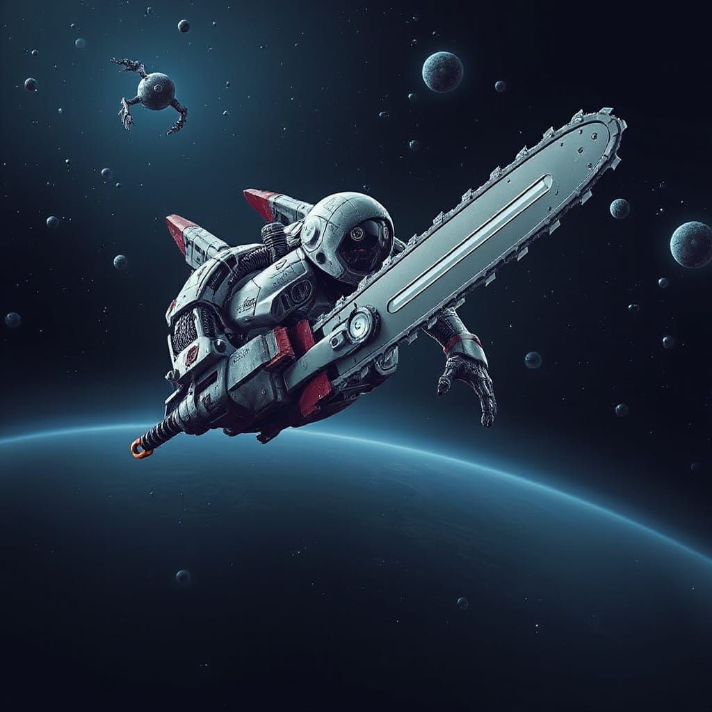 Ravenger Spaceship with Chainsaw Sword in Galactic Scene