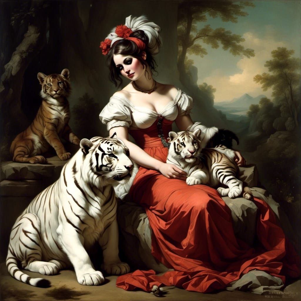 Poetess with White Tiger: Fragonard-Miro Style