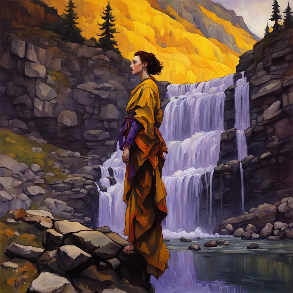 Woman by Waterfall in Dark Fantasy Style