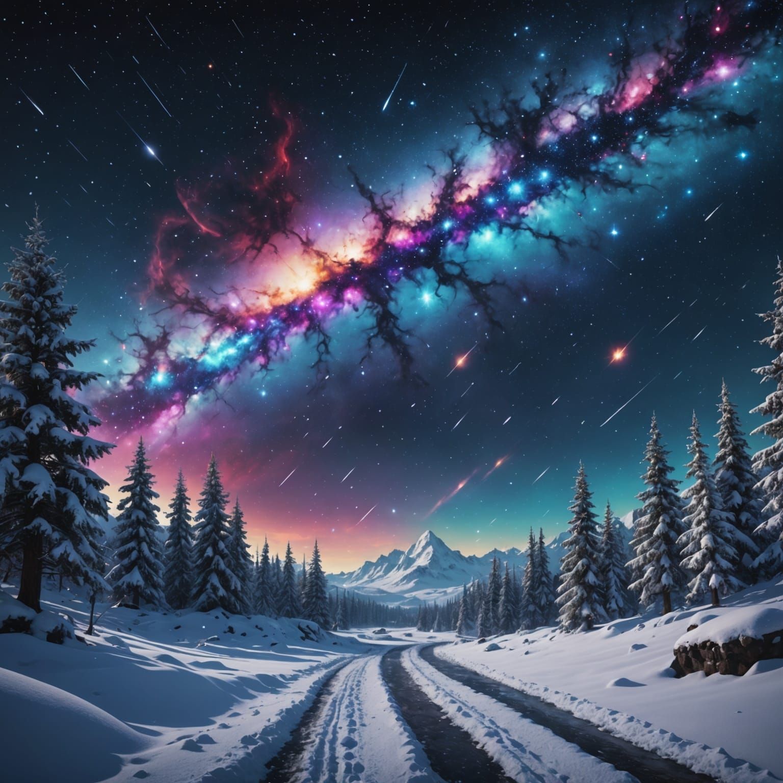 Cosmic Winter Wonderland in Vibrant Hues