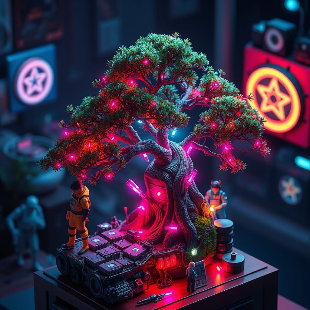 Cyberpunk Bonsai Tree with Neon Lights, Anime Style