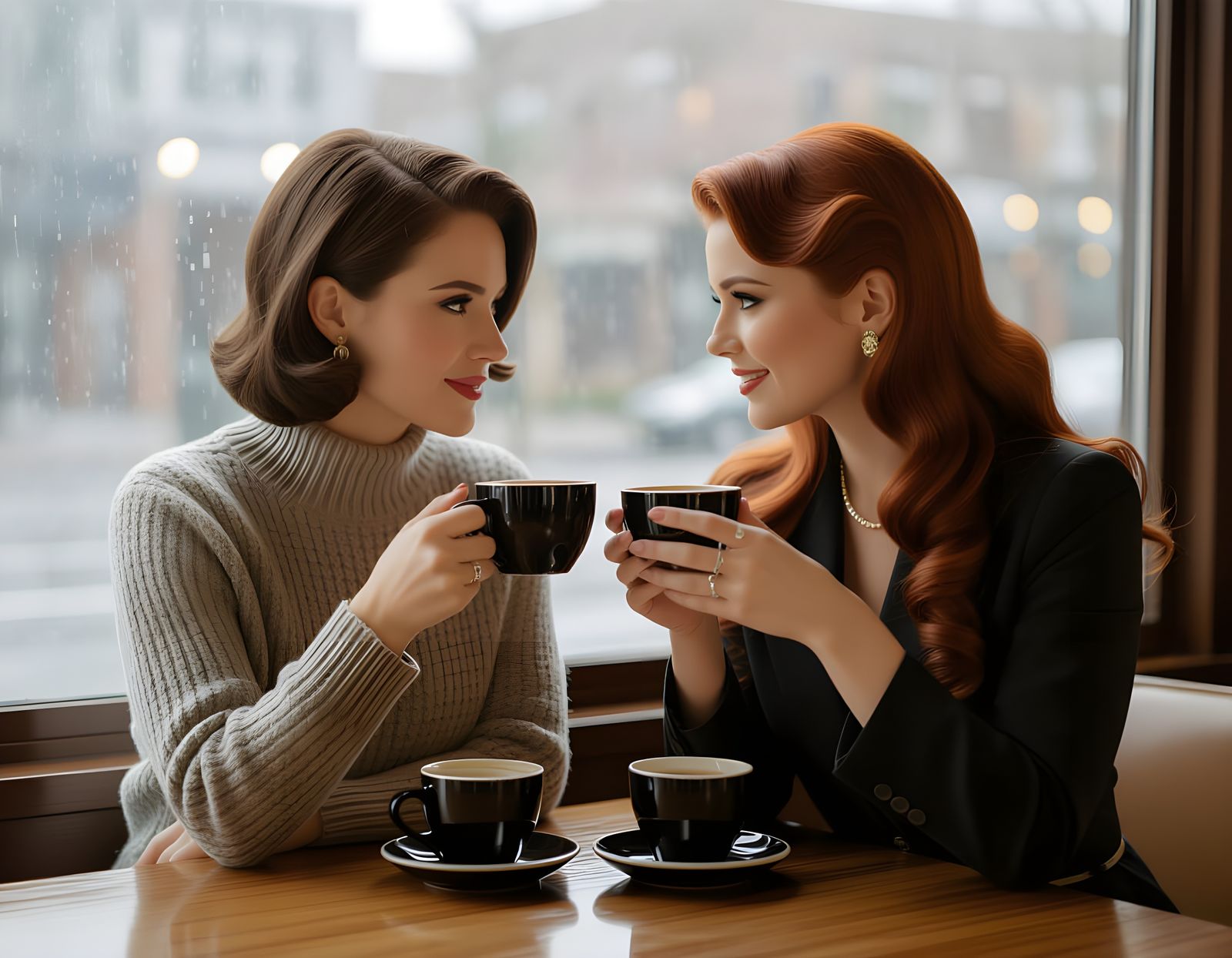 Modern & Retro Women Enjoying Coffee with Autumn Rain View