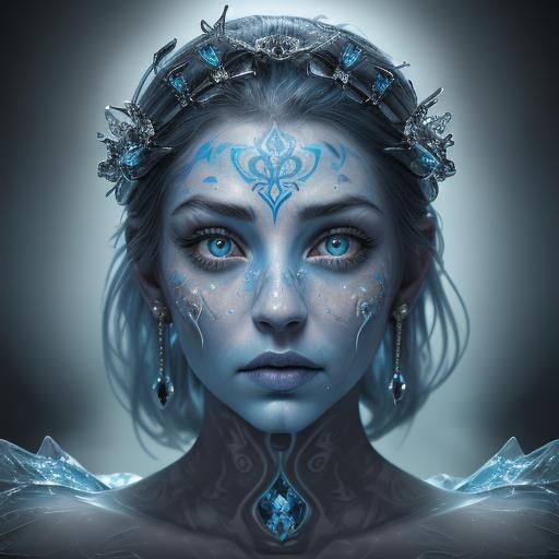 Icy Princess with Blue Tattoos: Hyperrealistic Image