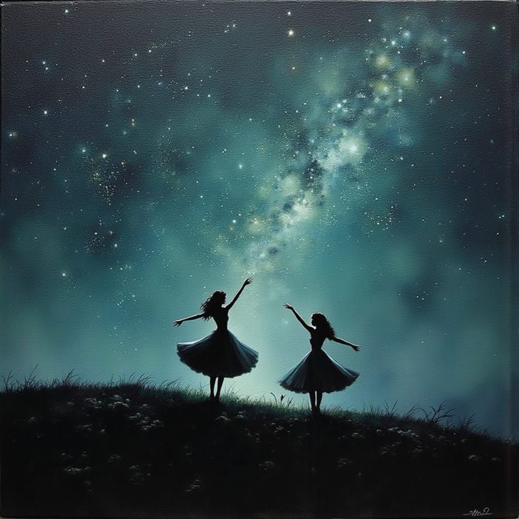 Silhouettes Dancing Under Starry Night Sky in Oil Painting S...