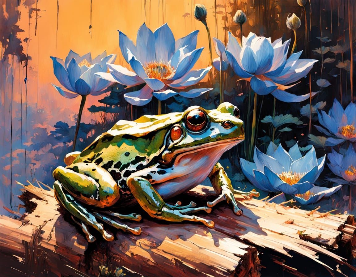 Ethereal Frog in Vibrant Sunset Landscape