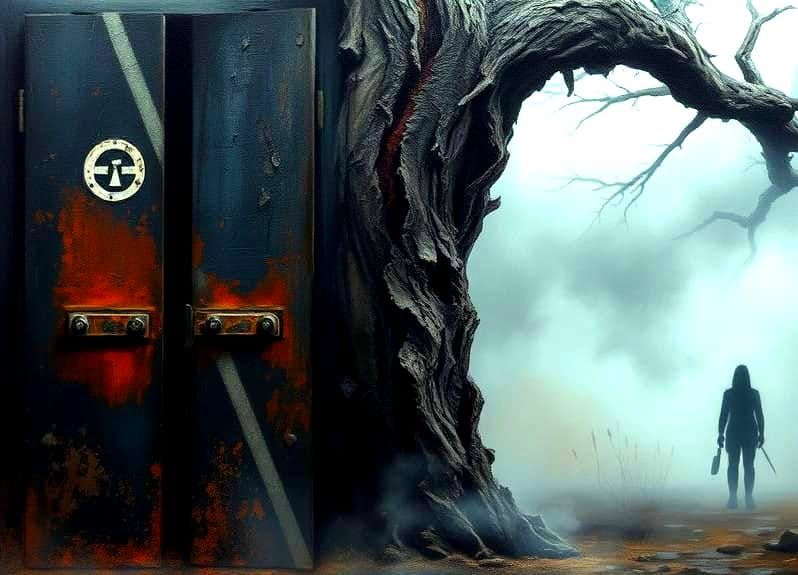 Mysterious Abandoned Door in a Haunting Fog Landscape