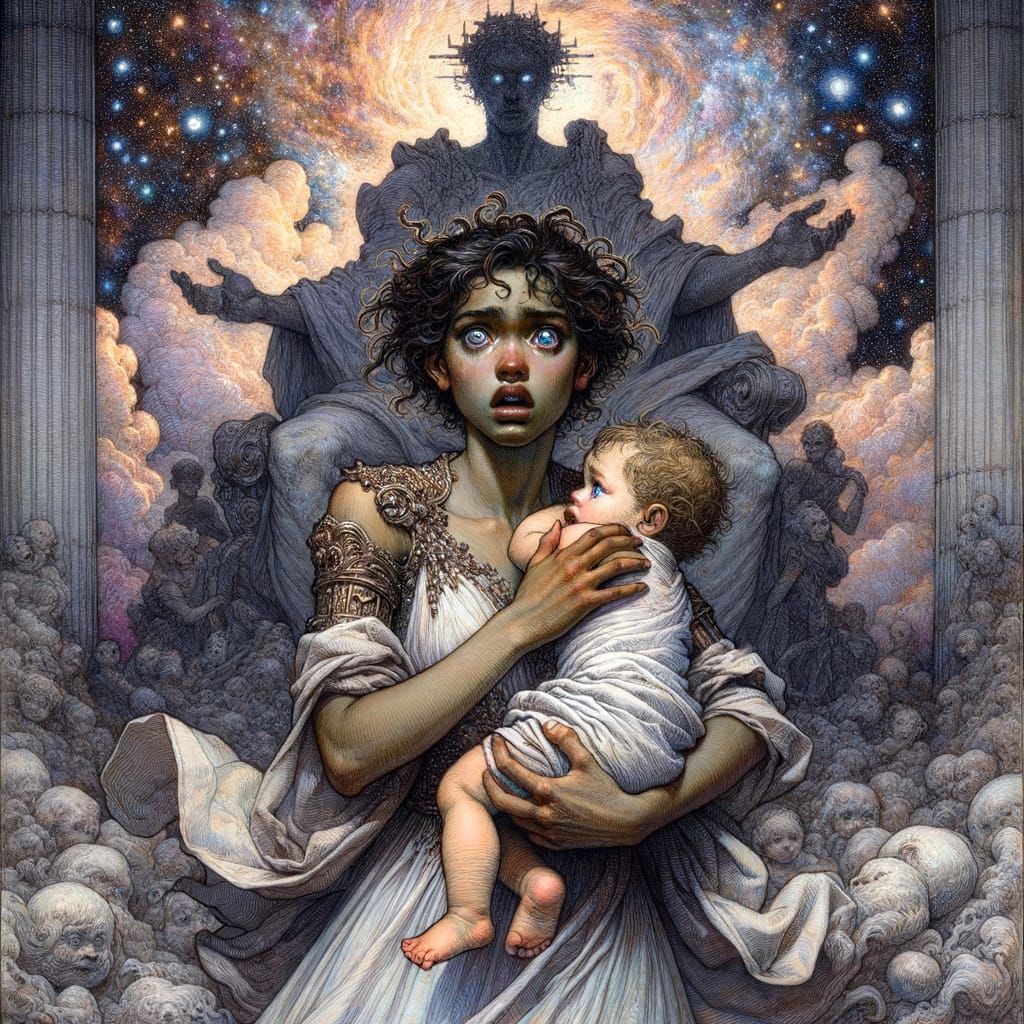 Ethereal Escape: A Gothic Watercolor of Mother and Child