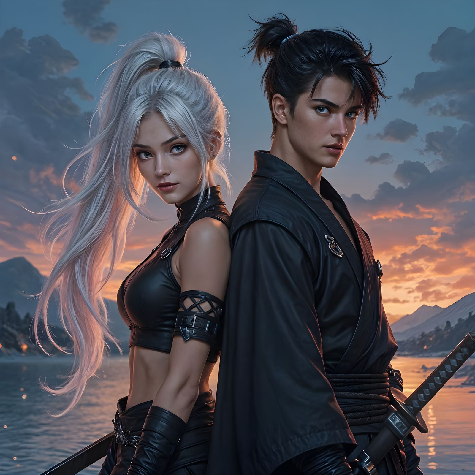 Fiery Ninja and Swordsman by Lakeside