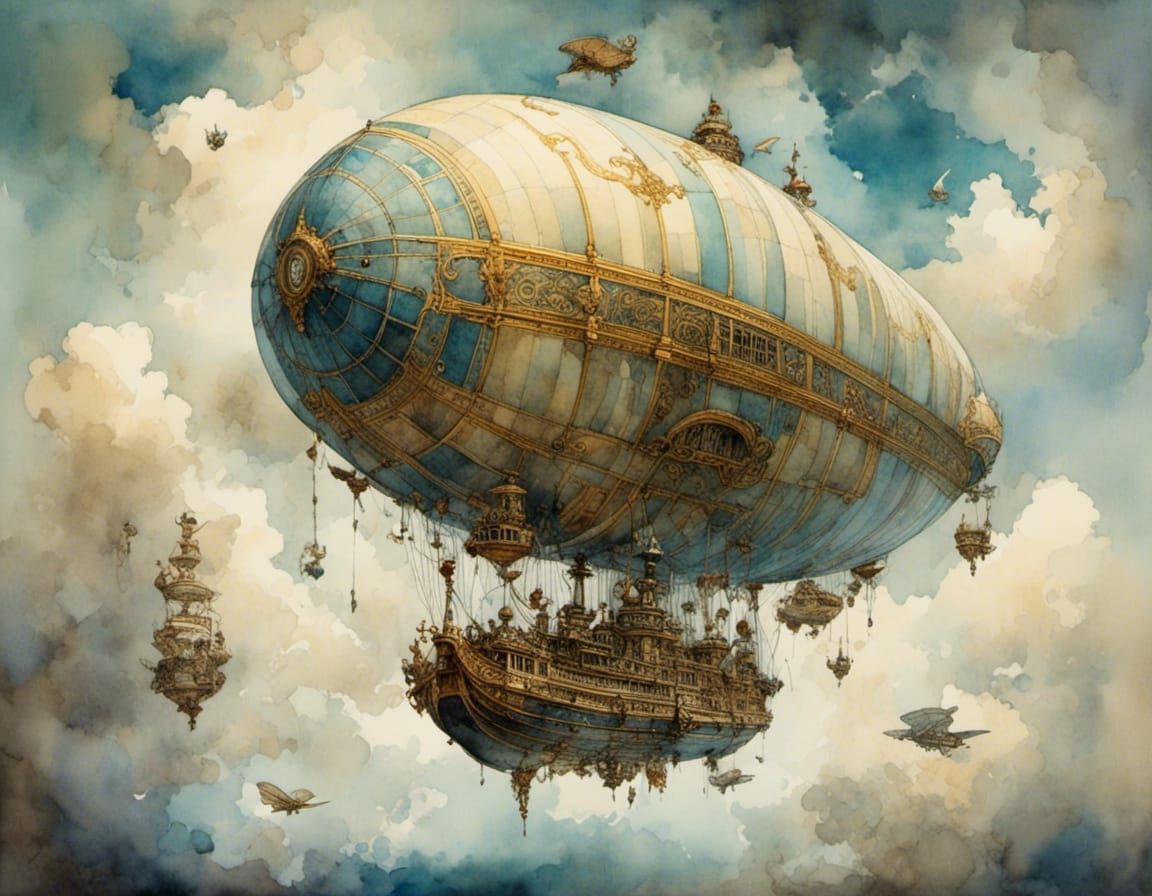 Zeppelin Soaring Through Clouds in Watercolor Style