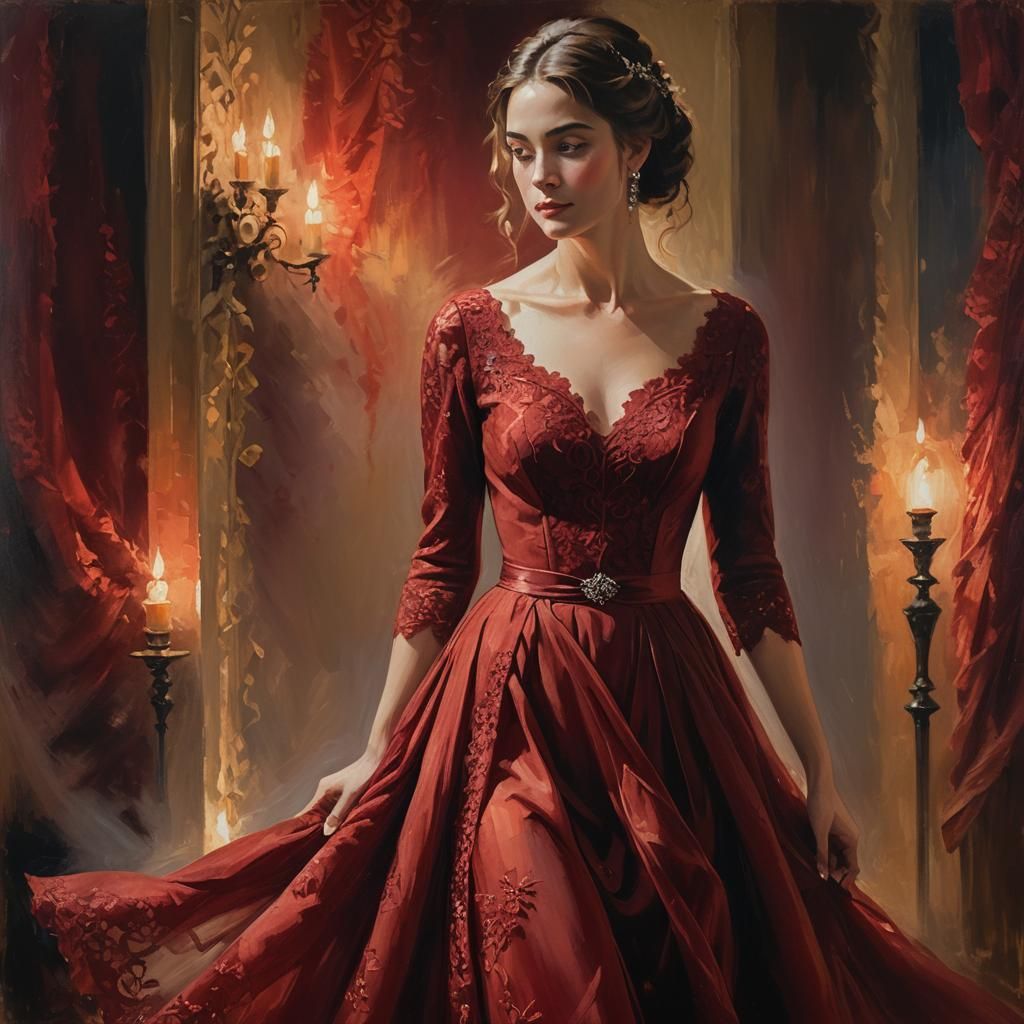 Woman in Red Dress: Impressionist Painting with Candlelight