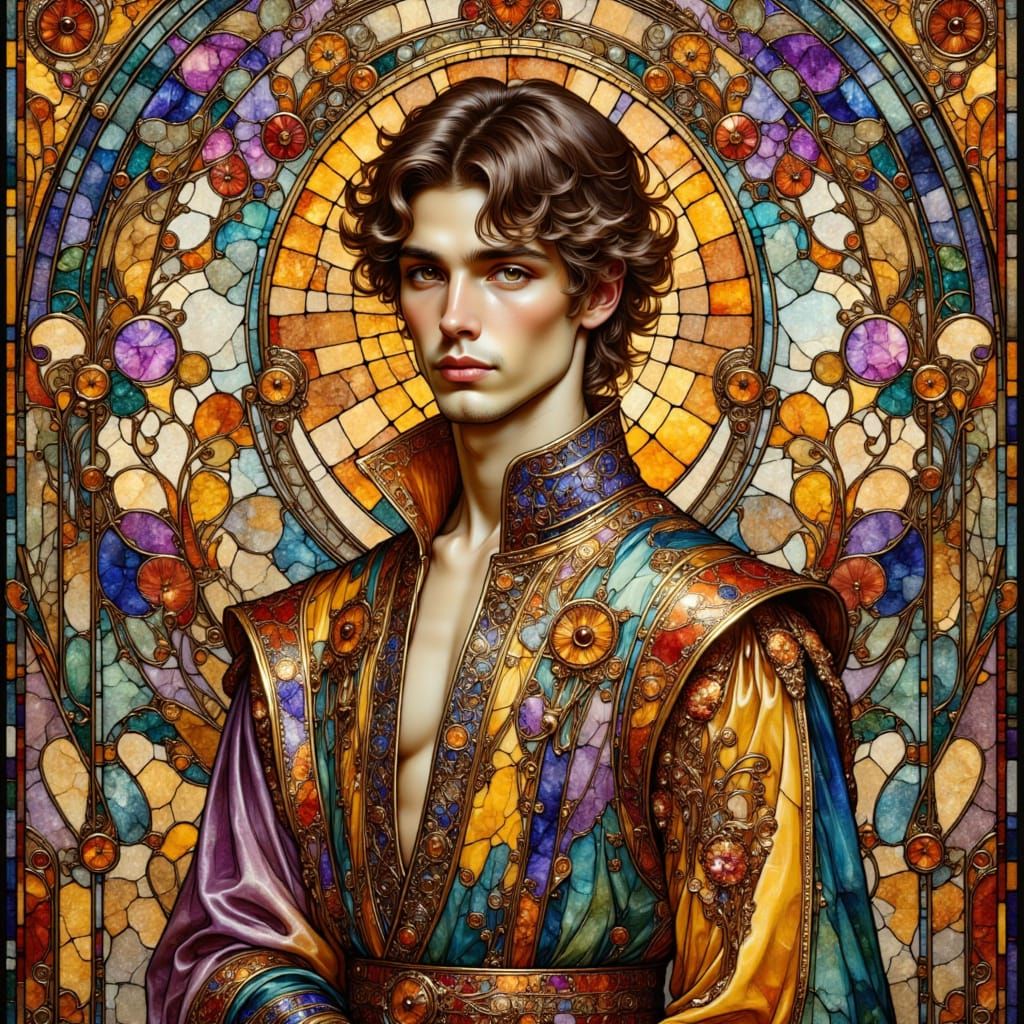 Art Nouveau Man in Rainbow Stained Glass Window