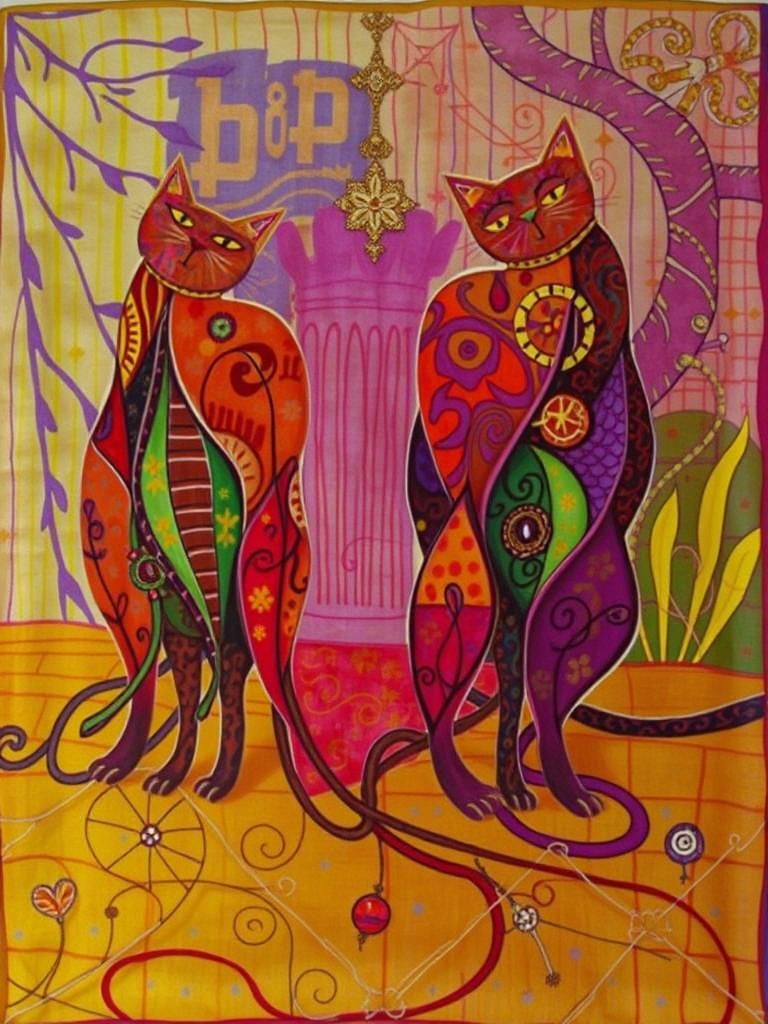 Whimsical Abstract Cats in Textile Print Style