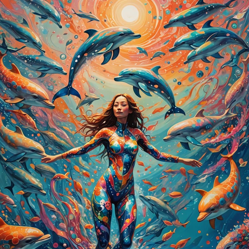 Woman and Dolphins in Expressive Oil Painting Style