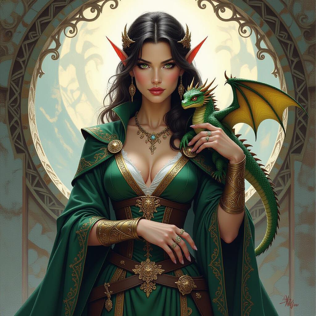 Elven Sorceress and Dragon in Oil Painting Style