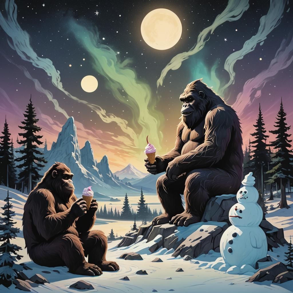 Bigfoot and Yeti Share Ice Cream Under Aurora