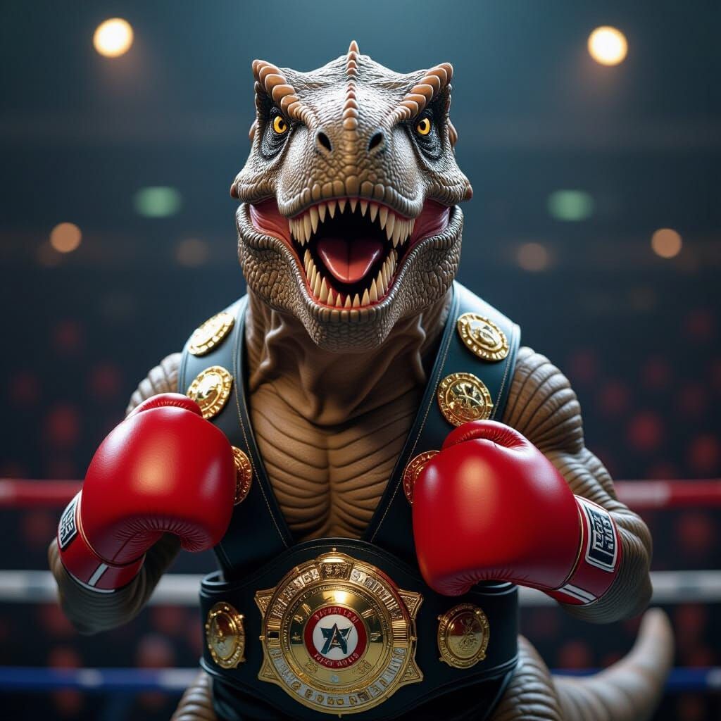 T-Rex Boxing Champion in Hyperrealistic Style