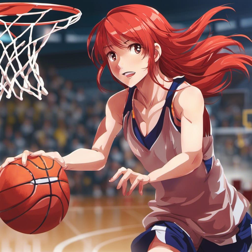 Anime Girl with Red Hair Playing Basketball
