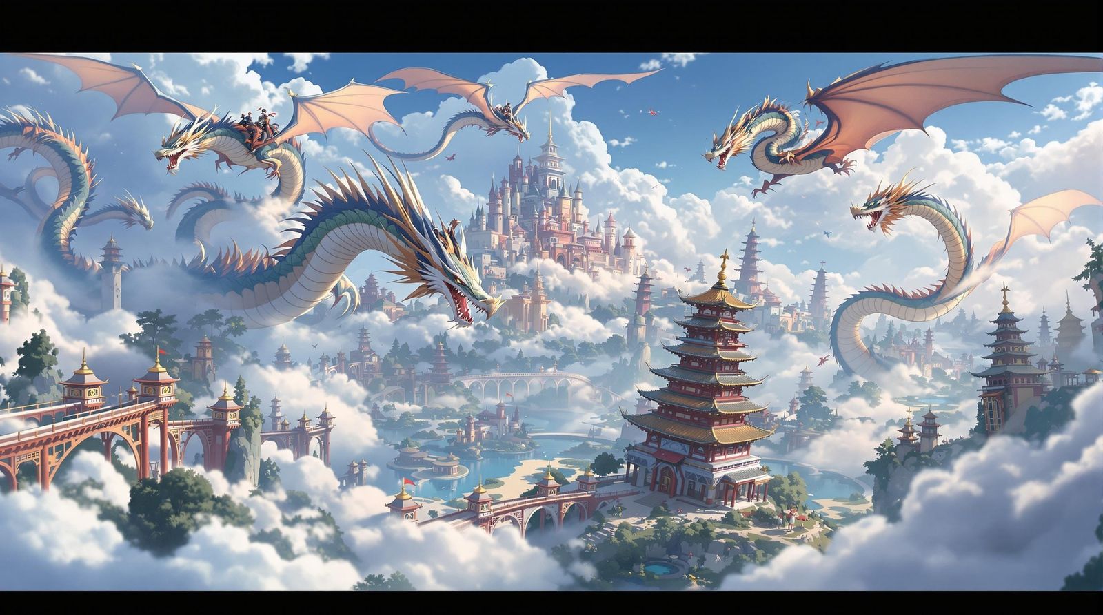 Whimsical Dragons Soar Over Ancient Asian Cities