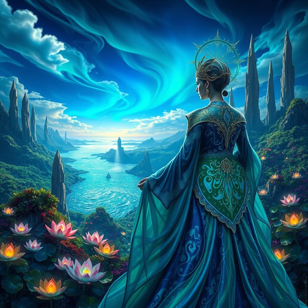Ethereal Goddess in Dreamlike Realm with Vibrant Foliage and...