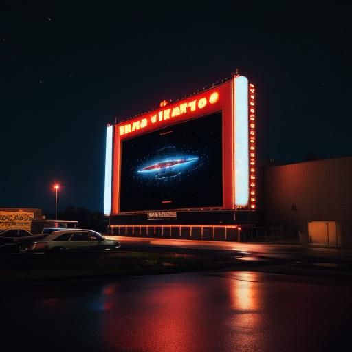 Science Fiction Drive-In Under Rainy Skies