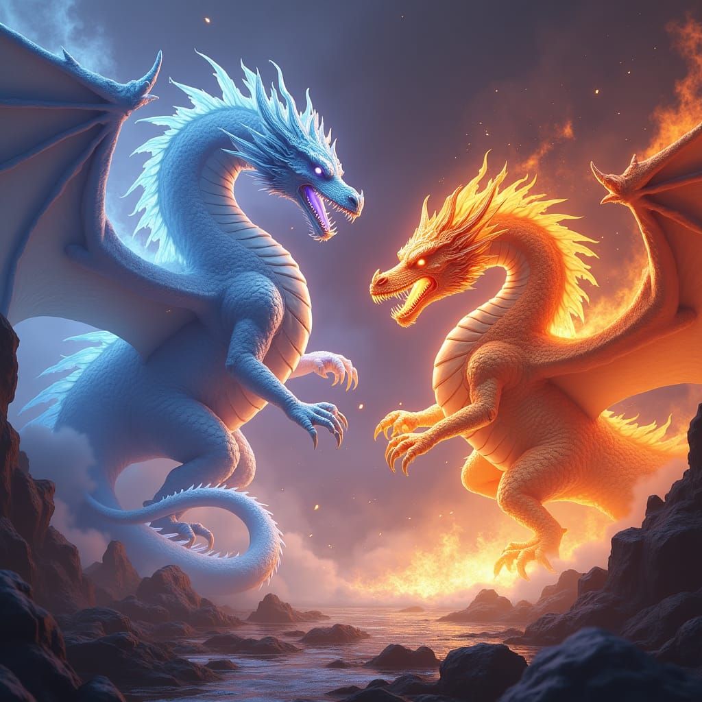 Ice Dragon vs Fire Dragon in Dark Fantasy Style