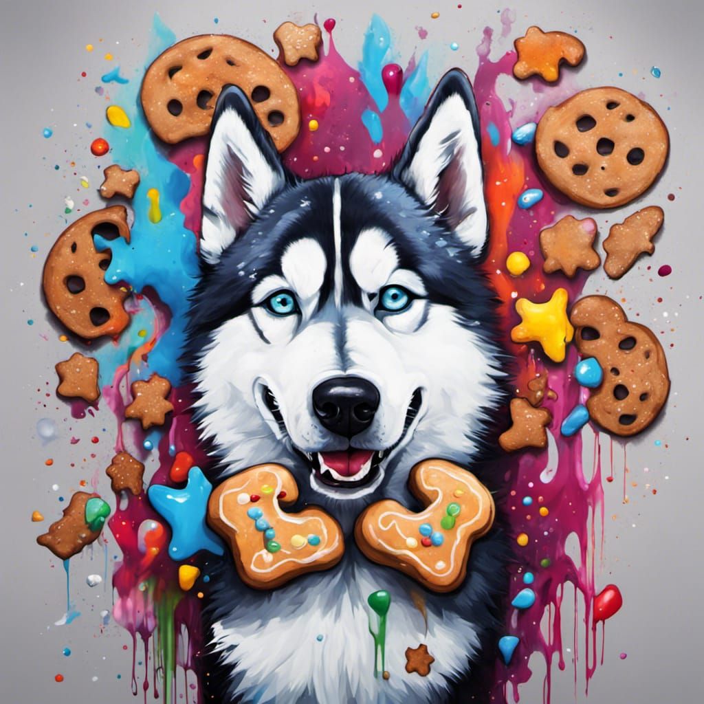 Husky Eats Gingerbread Man in Graffiti Art