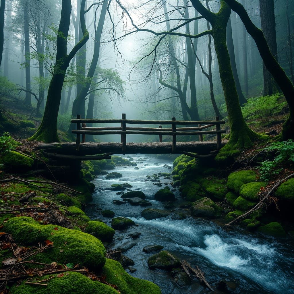 Ancient Wooden Bridge Amidst Eldritch Forest