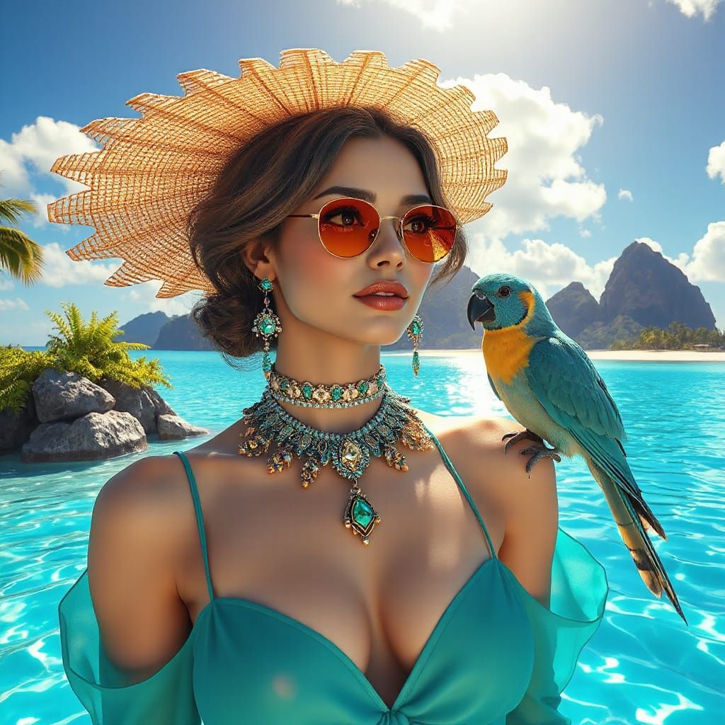 Trendy Turquoise Fashionista on Tropical Island, 3D Render