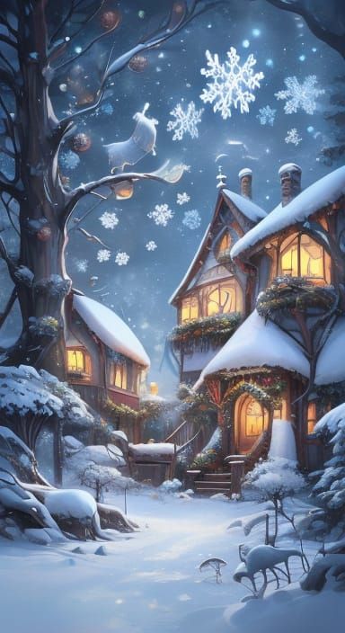 Children in Snowy Christmas Scene, Whimsical Illustration