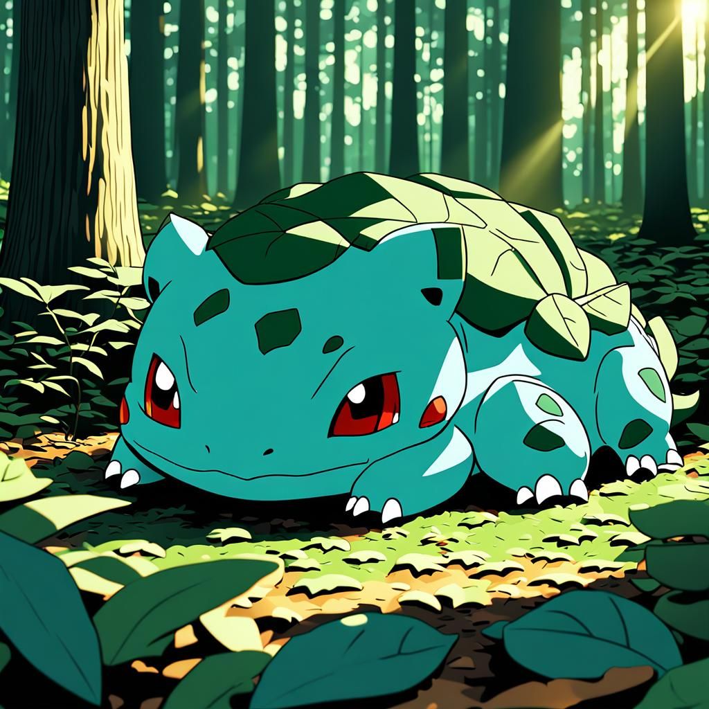 Bulbasaur Sleeping in Forest: 2D Digital Art