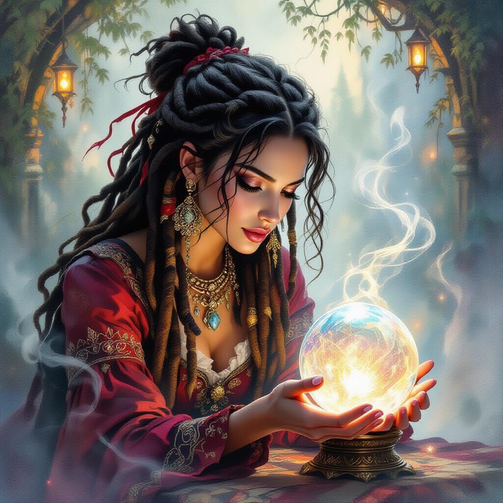 Gypsy Woman Gazes Into Crystal Ball With Watercolor Style